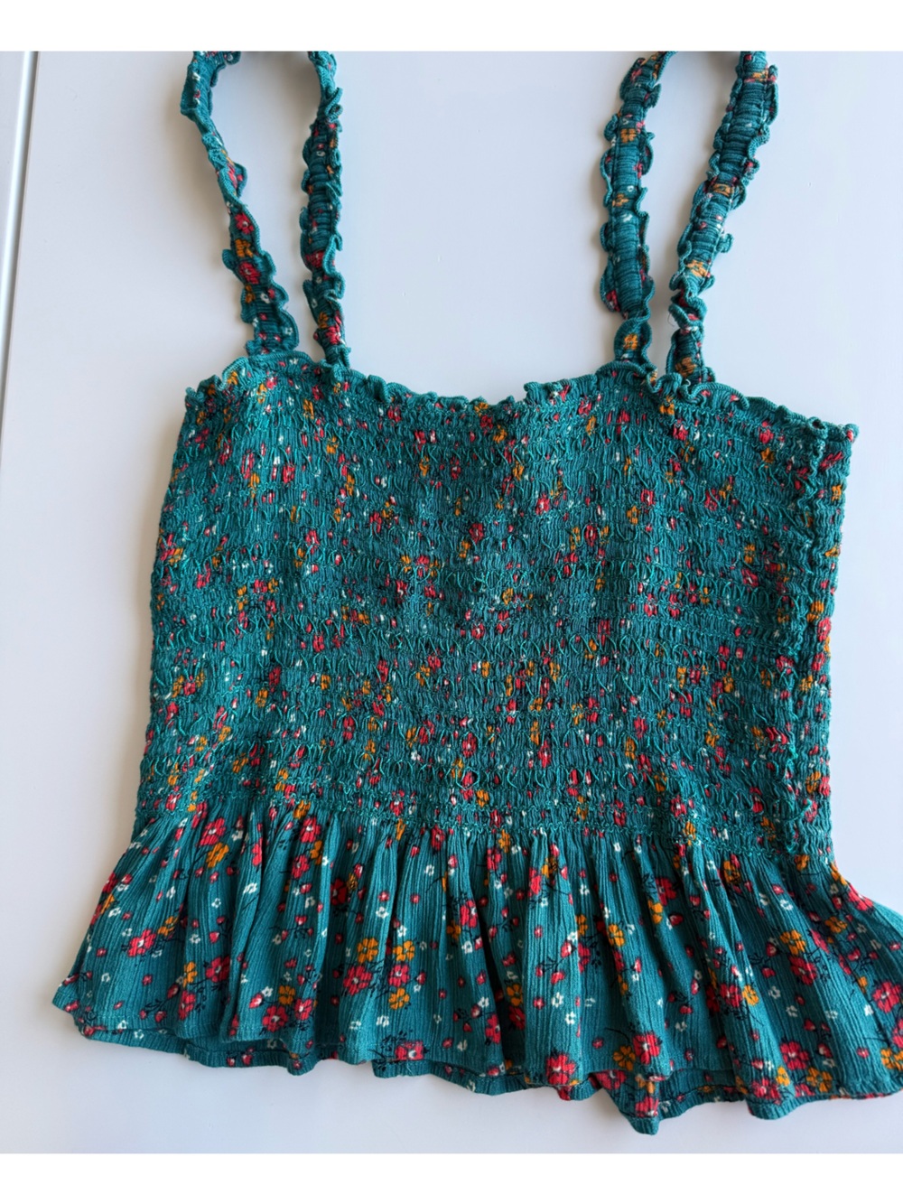 Patrons of Peace Teal Floral Smocked Top with Red Accents